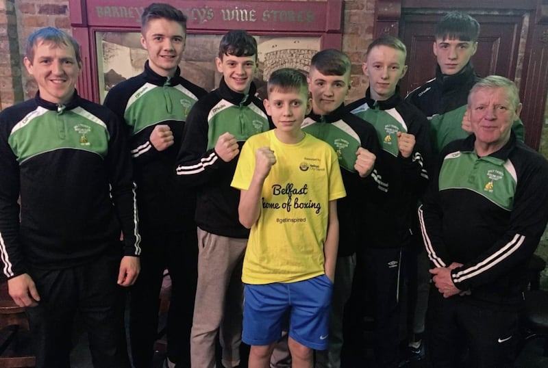Holy Trinity&rsquo;s six Antrim champions weighed in for the Boy 4, 5, 6 All-Ireland championships, which get under way at the National Stadium on Friday and Saturday. Pictured with coaches Michael Hawkins and Michael Hawkins jnr are Mikey McGregor (Boy 4 60kg), Christopher Fisher (Boy 5 57kg), Jake Tucker (Boy 5 66kg), Jack O&rsquo;Neill (Boy 6 44kg), Barry McReynolds (Boy 6 60kg) and Kane Tucker (Boy 6 75kg). The All-Ireland semi-finals take place on March 31, with the finals held on April 7-8 