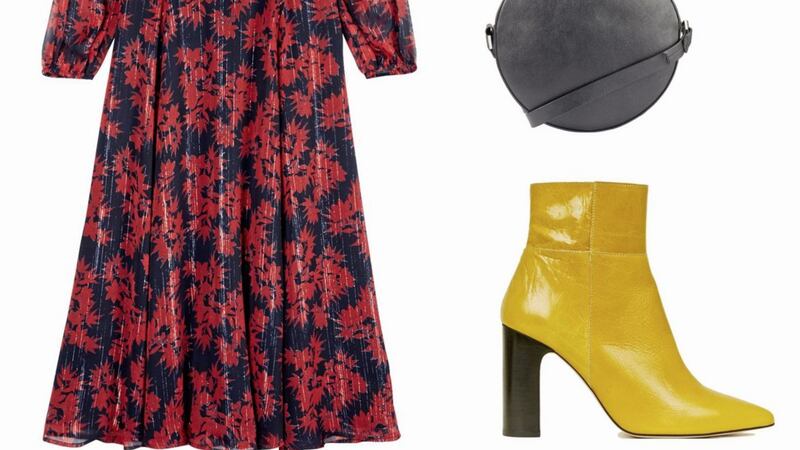 Hush&nbsp;Freesia Lurex Stripe Dress, &pound;110; F&amp;F at Tesco Round Black Bag, &pound;14 (in store only); New Look Mustard Premium Leather Block Heel Boots, &pound;64.99; New Look Yellow Clear Resin Square Drop Earrings, &pound;6.99 