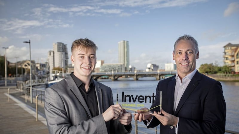 Signal Optimiser creator Lewis Loane from Newtownards with Invent sponsor Gavin Kennedy, Bank of Ireland UK. Picture by Brian Morrison 