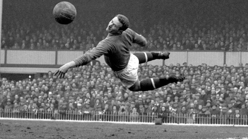 The agility of Manchester United goalkeeper Harry Gregg is perfectly captured as he pushes a shot safely outside the post during the 1958 FA Cup semi-final against Fulham at Villa Park. The game ended in a 2-2 draw. The teams met again at Highbury&nbsp;four days later with United winning 5-3 to progress to the final against Bolton Wanderers.<br />&nbsp;
