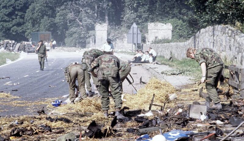 The aftermath of the 1979 IRA bombs that claimed the lives of 18 soldiers at Narrow Water near Warrenpoint in Co Down 
