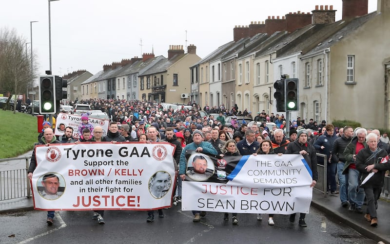 Hundreds of GAA fans walk through Derry on Sunday as part of a rally supporting the families of suspected collusion victims Sean Brown and Patsy Kelly. PICTURE: MARGARET MCLAUGHLIN