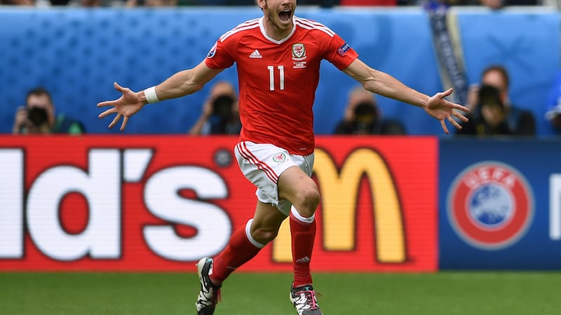 Wales' Gareth Bale celebrates scoring the opening goal against Slovakia&nbsp;