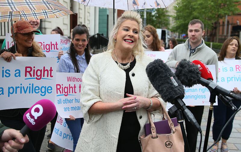 Anti-abortion campaigner Bernie Smyth speaks to the media outside the Royal Courts of Justice, Belfast, where the Court of Appeal allowed an appeal against a lower court's ruling that abortion legislation was incompatible with the UK's Human Rights Act&nbsp;