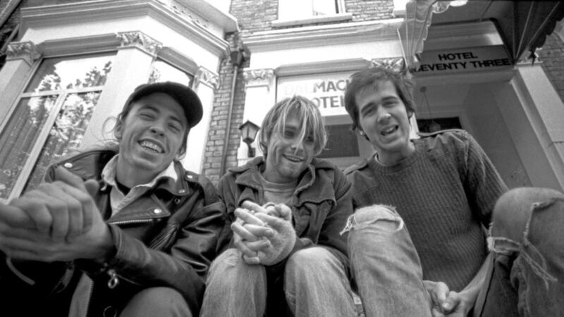 When Nirvana Came to Britain. The band outside the Dalmacia Hotel in Shepherds Bush in 1990. Picture by Martyn Goodacre. 