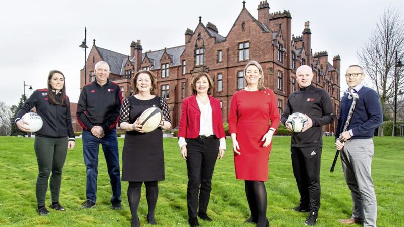 Pictured at the launch of the 2020 Sporting Leaders Programme are (L - R) Clare Timoney (Queen&rsquo;s GAA and Antrim), Simon Bell (Queen&rsquo;s Hockey Head Coach), Liz McLaughlin (Head of Sport), Joanne Kelly (Leadership Institute), Caroline Young (Director of Student Plus), Peter Thompson (Queen&rsquo;s Football Head Coach) and Stephen O&rsquo;Reilly (DARO). 