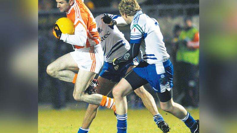 IN FULL FLIGHT: Stevie McDonnell takes on the Monaghan defence during Armagh&rsquo;s win over the Farneymen in Inniskeen last night
