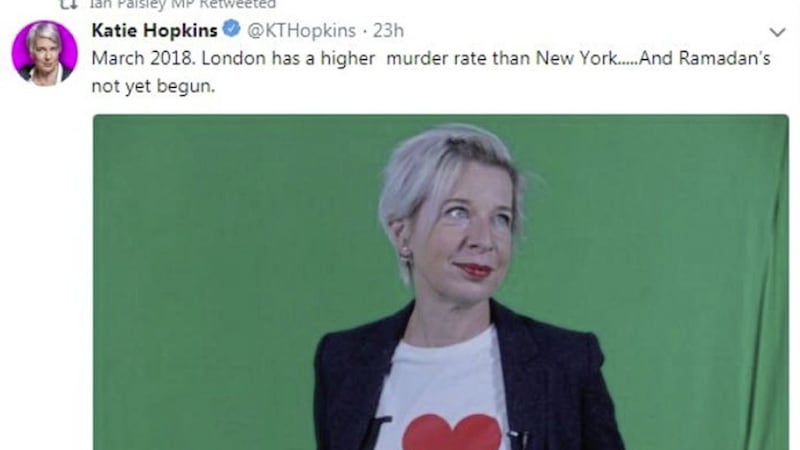 A tweet from controversial media commentator Katie Hopkins 