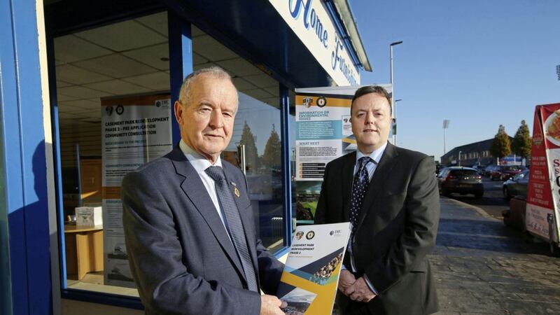 The Ulster Council has opened a Casement Park office at 135 Andersonstown road. Pictured are Ulster GAA president Michael Hasson and Collie Donnelly, chairman of Antrim county board, at the opening of the office, which is opposite Andersonstown leisure centre. The aim is to support the ongoing consultation on the proposed new stadium design. Information booklets and feedback forms regarding the proposed design are available from www.casementpark.ie Picture by Press Eye