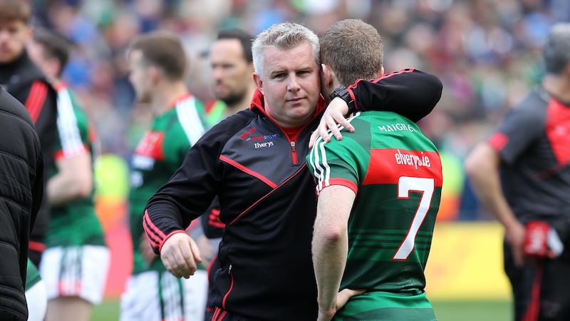 Mayo manager Stephen Rochford hugs Colm Boyle after his side's heartbreaking loss Picture by Philip Walsh