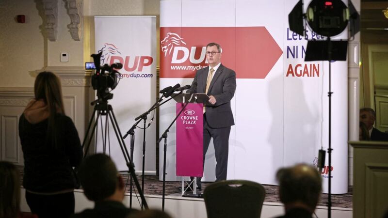DUP Leader Sir Jeffrey Donaldson speaking at the Crowne Plaza Hotel in Belfast on Thursday. Picture by Kelvin Boyes 