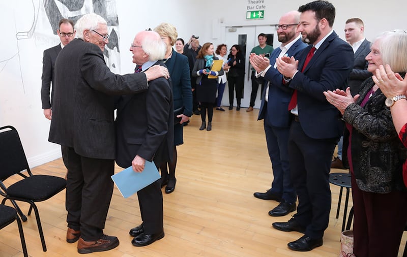 Former SDLP deputy leader Seamus Mallon greets Irish President Michael D Higgins as he launches his Shared Ireland, Shared Island initiative at Droichead Arts Centre, Drogheda, Co Louth&nbsp;