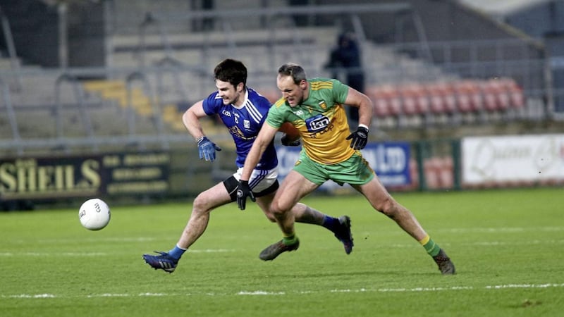 Thomas Galligan battles with Donegal&#39;s Michael Murphy in Sunday&#39;s Ulster final at the Athletic Grounds. Picture: Seamus Loughran. 