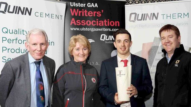 Pictured alongside March Merit Award winner Ronan O&rsquo;Neill of Tyrone are (l-r) John Campbell, Ulster GAA Writers; Roisin Jordan, Tyrone county chairperson and Terry Fay, Quinn Building Products &nbsp; &nbsp; &nbsp; &nbsp; &nbsp; &nbsp; &nbsp; &nbsp; &nbsp; &nbsp; Picture by Peadar McMahon