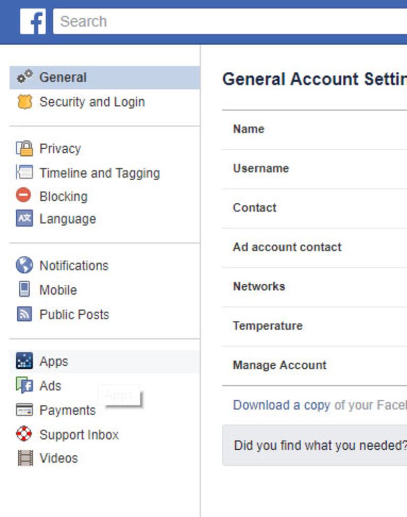 The general settings tab on Facebook (PA)