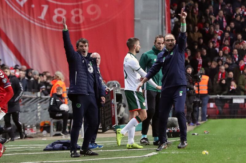 Republic of Ireland manager Martin O'Neill (right) with assistant Roy Keane during the FIFA World Cup qualifying play-off first leg match against Denmark at the Parken Stadium, Copenhagen. <br />&nbsp;