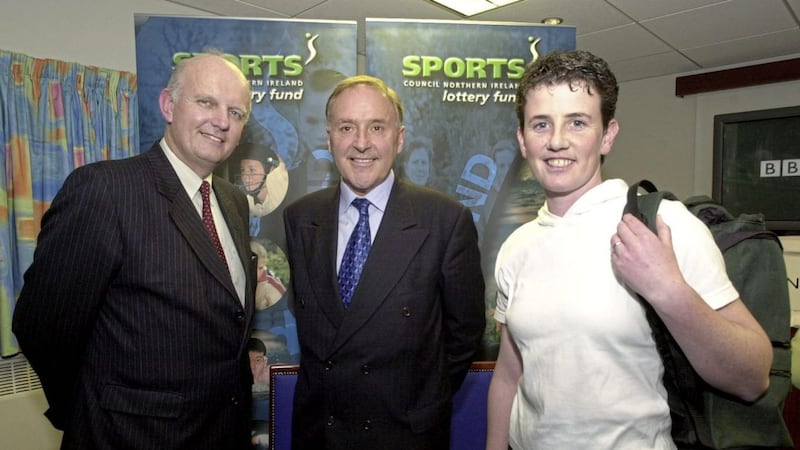 Golfer Alison Coffey pictured at the Sports Council awards ceremony in 2001 with Sports Minister Michael McGimpsey and Sports Council Chairman Eric Saunders