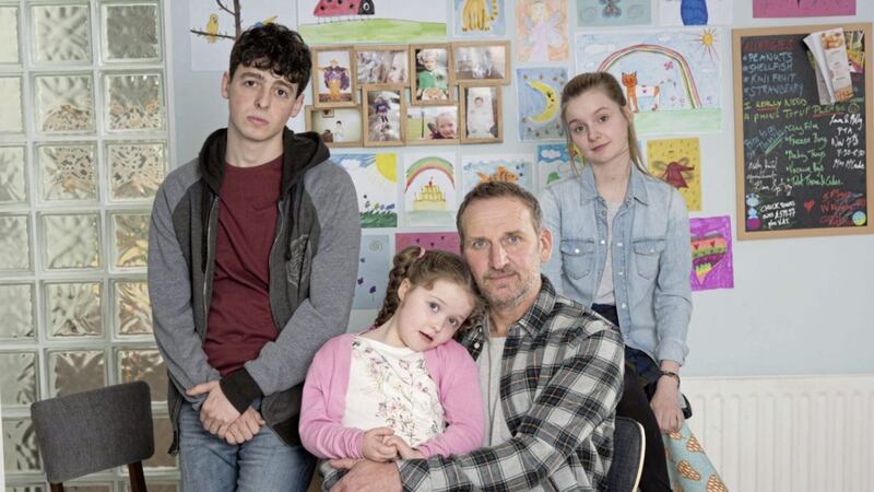 Liam (Anthony Boyle), Molly (Darcey McNeeley), Greg (Christopher Eccleston) and Laura (Lola Pettigrew) - (C) Red Productions Limited  - Photographer: Steffan Hill 