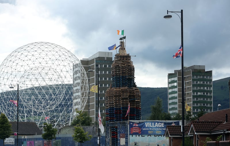 Irish flags on a bonfire at the bottom of the Donegall Road in Belfast