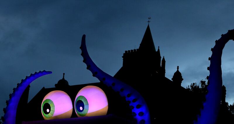 Creatures keeping an eye at the Guildhall in Derry during the Derry Halloween Festival which got underway at the weekend. Thousands of visitors enjoyed the Awakening The Walled City festivities which continue until Tuesday night where a spectacular fireworks and drone display will light up the night sky. Picture Margaret McLaughlin 