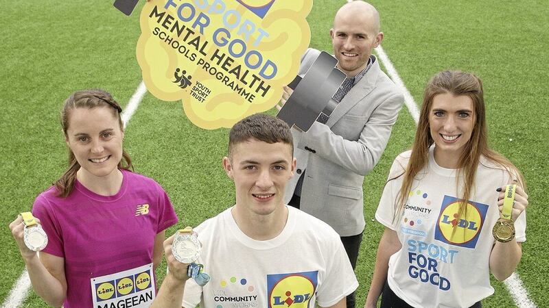 Olympic and Paralympic heroes and local sporting legends have teamed up with Lidl Northern Ireland to launch this year&rsquo;s Sport for Good Schools Programme which, in partnership with children&rsquo;s charity Youth Sport Trust, aims to promote positive mental health amongst secondary school pupils across Northern Ireland through sport. Pictured (l-r) are Ciara Mageean, Rhys McClenaghan, Joe Mooney Senior Partnerships Manager for Lidl Ireland and Northern Ireland and Bethany Firth OBE Picture: Phil Smyth 