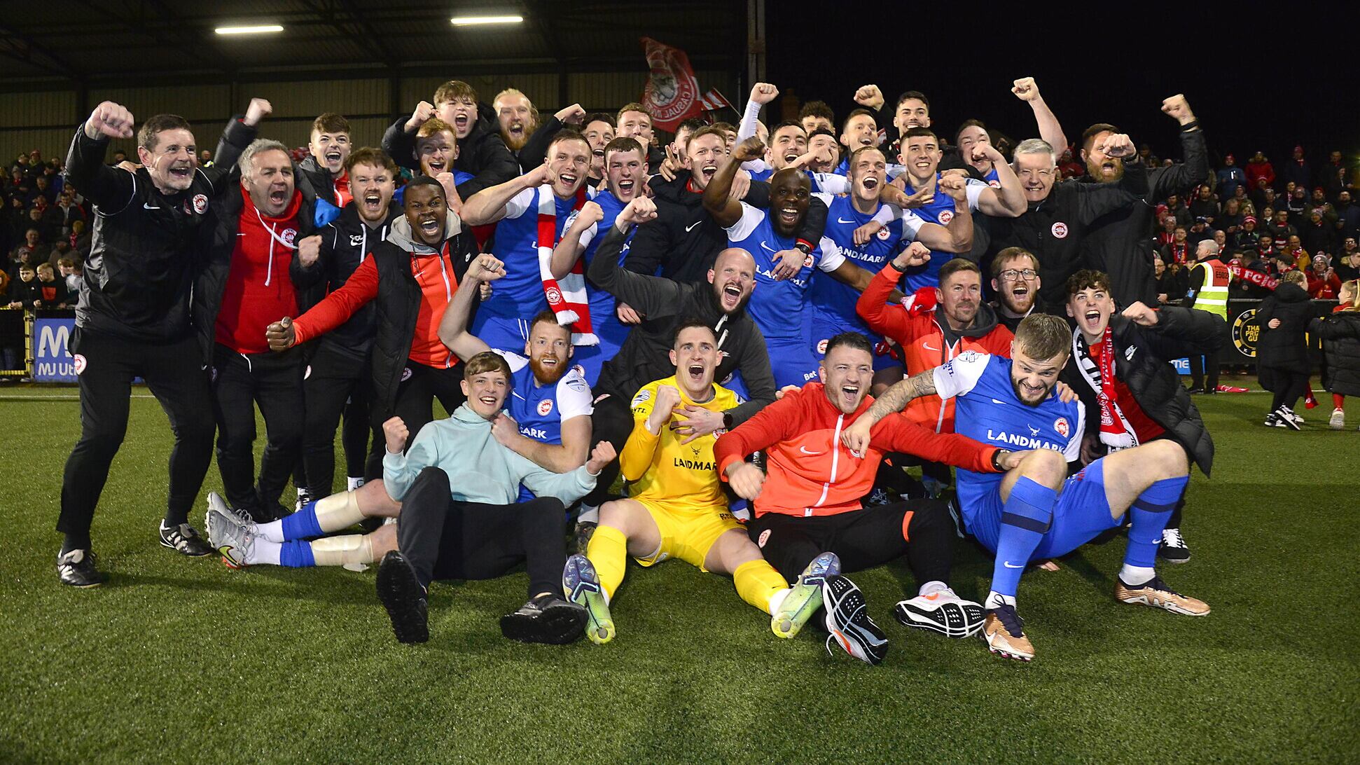 Larne players celebrate after their 2-0 win over Crusaders at Seaview on Friday night, a result which sealed their first Irish League title in their 134-year history  Picture: Pacemaker