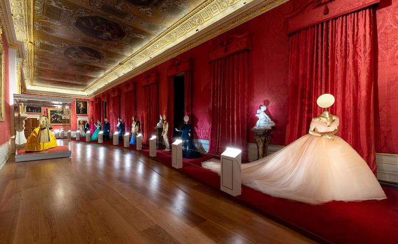 The King's Gallery displaying an Oscar de la Renta gown worn by Billie Eilish at Met Gala, amongst other outfits 