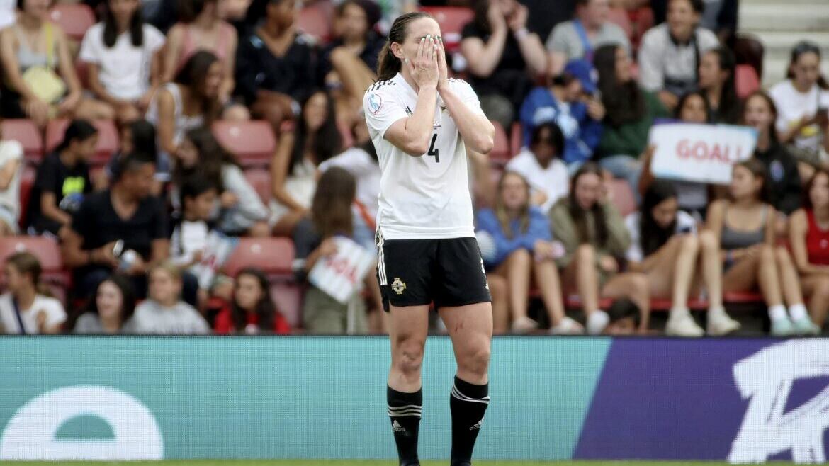 Northern Ireland&#39;s Sarah McFadden after Austria score their second goal during Monday&#39;s Women&#39;s Euros match at St Mary&#39;s Stadium, Southampton. Photo by William Cherry/Presseye 