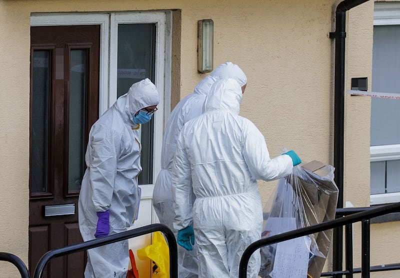 Forensic officers at a property in the Edward Street area of Lurgan, Co Armagh
