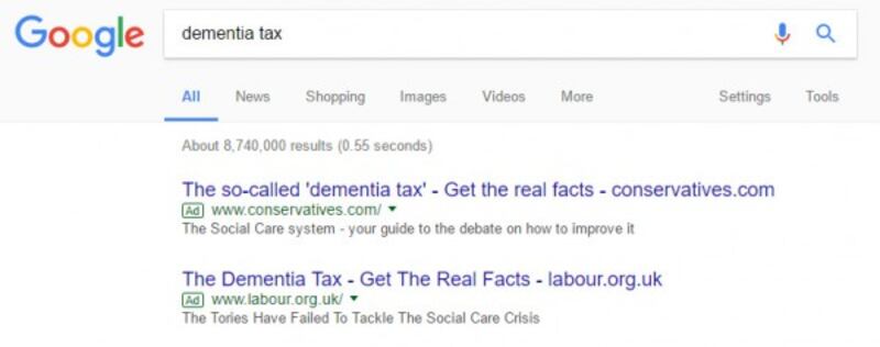 Google search for dementia tax