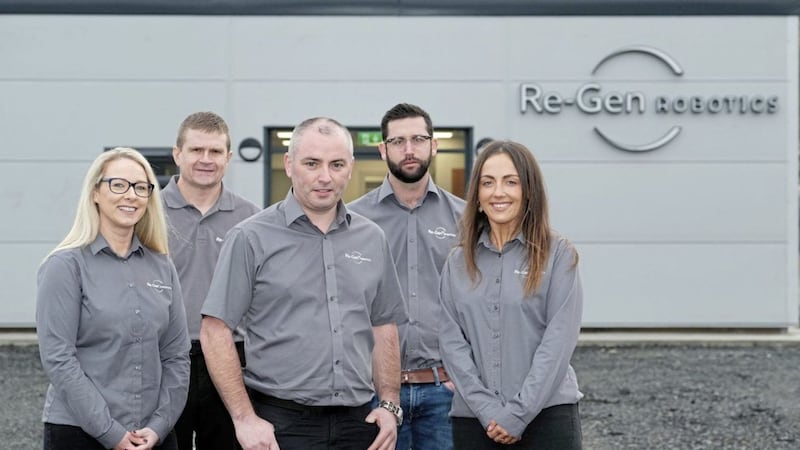 The Re-Gen Robotics team outside their new headquarters in Newry. From left - Grainne Mulgrew, project manager; Tony Havern, design engineer; managing director Fintan Duffy; Conor Kelly, contracts manager; and Amy McKeown, marketing and business devlopment 