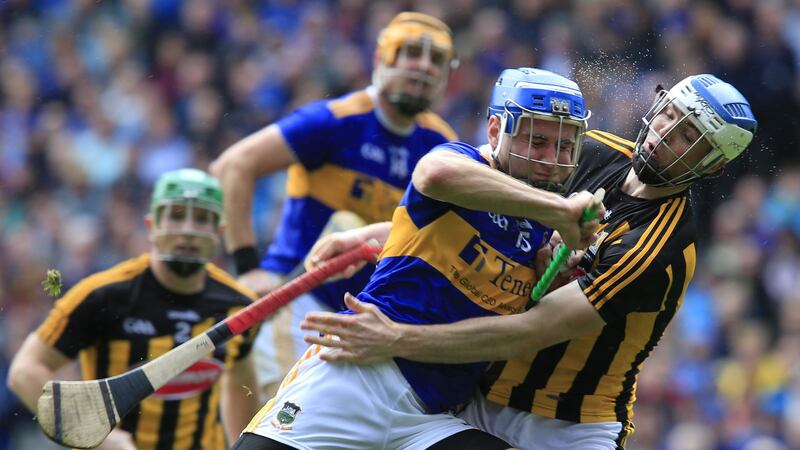 UNSTOPPABLE: Tipperary&rsquo;s John McGrath powers through the challenge of Kilkenny&rsquo;s Huw Lawlor during the 2019 All-Ireland SHC final. Picture by Philip Walsh&nbsp;