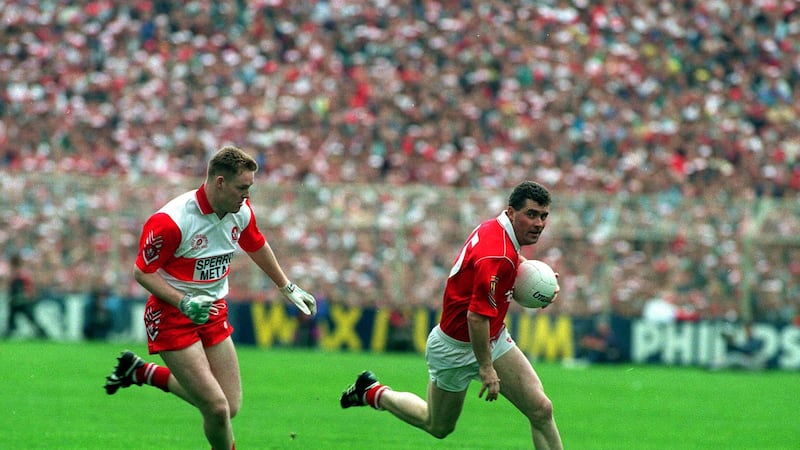 Cork's Mick McCarthy takes on Derry forward Dermot Heaney during the 1993 All-Ireland final. McCarthy was Cork's captain that day, falling just short in his bid for a third All-Ireland. Picture: Sportsfile