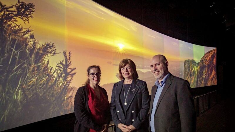 Sarah Dellar, Inspiring Science Fund Manager, Wellcome Trust; Catherine O&rsquo;Mullan, Chair of W5 and Martin Graham, Tourism NI Regional Manager for Belfast at the launch of AMAZE &ndash; a new &pound;1m fully immersive digital attraction and Northern Ireland&rsquo;s latest visitor experience. 