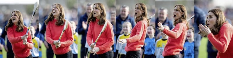 The Duchess of Cambridge tries her hand at hurling as part of her visit to Salthill Knocknacarra GAA Club in Galway. Picture: Aaron Chown PA Wire 