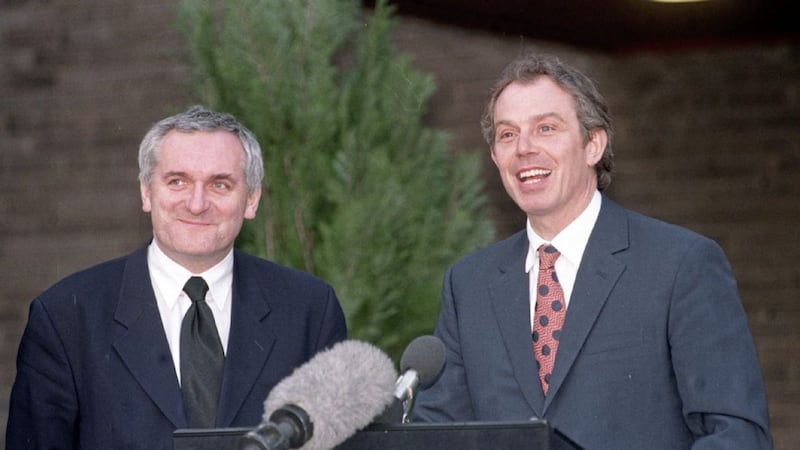 &nbsp;Former British prime minister Tony Blair announcing the signing of the Good Friday Agreement alongside former taoiseach Bertie Ahern on April 10 1998