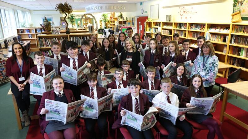 Year 8 pupils from St. Paul’s High School in Bessbrook with Young News Readers Guest Editor Annette Kelly of Little Penny Thoughts.