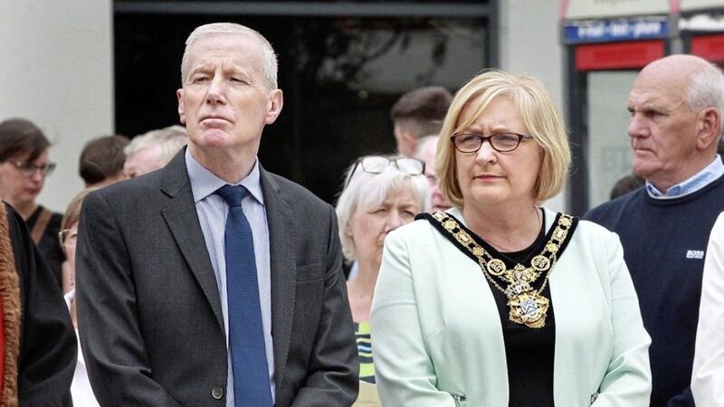 Sinn F&eacute;in&#39;s Brenda Chivers, mayor of Causeway Coast and Glens council, attending Sunday&#39;s service, pictured with DUP MP Gregory Campbell. Picture by Margaret McLaughlin 