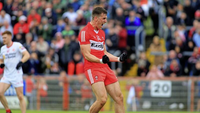 Derry's Shane McGuigan celebrates after scoring a penalty in the convincing victory over Tyrone at Healy Park. <br />Picture Seamus Loughran