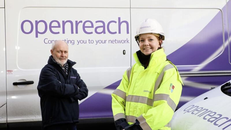 OLD AND NEW: Long-serving Openreach employee Maurice King, who has 52 years of service, with Leanne Watson, the firm&#39;s 100th apprentice recruited since June. Picture: Kelvin Boyes/PressEye 