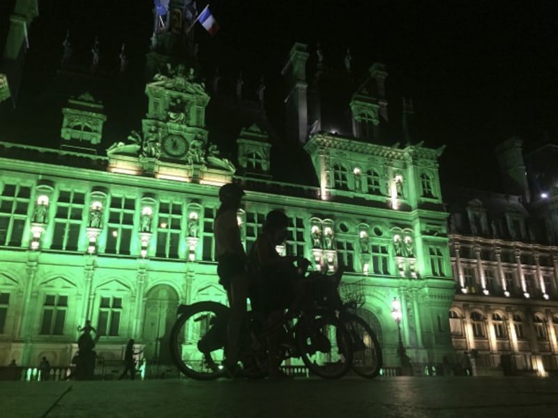  City Hall of Paris, France, illuminated in green