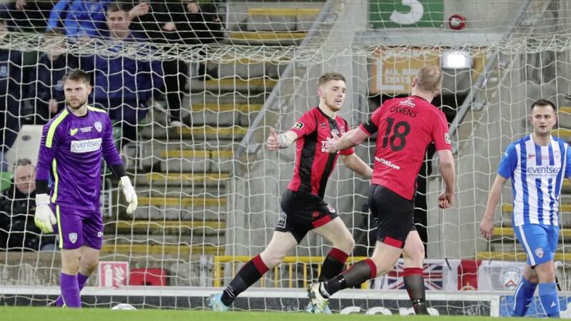 Crusaders&#39; Jamie McGonigle celebrates scoring against Coleraine in the 2020 BetMcLean League Cup final. Picture by David Maginnis/Pacemaker Press 