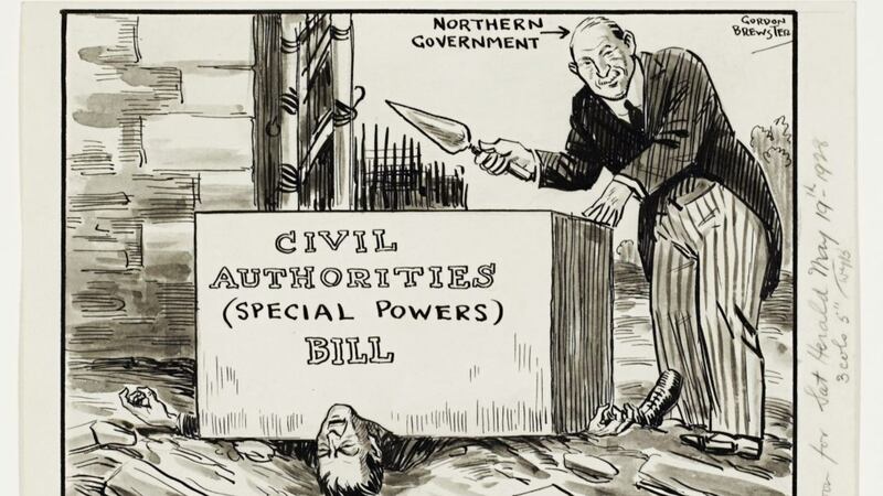 The Special Powers Act was disproportionately applied against the nationalist community, as vividly illustrated in this Gordon Brewster cartoon from 1928. 