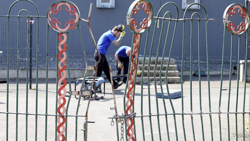 Damage to the gates of Marrowbone Millennium Park in north Belfast. Picture by Mal McCann 