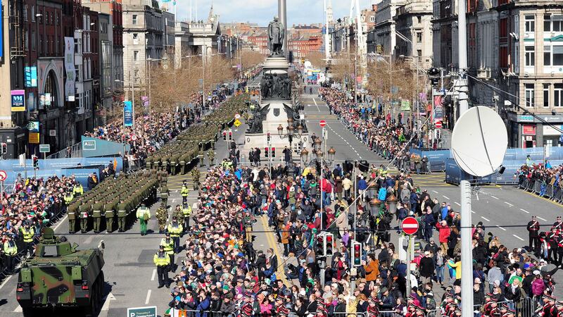 Defence Forces of marching elements comprised of personnel drawn from Army, Air Corps, Naval Service, reserve Defence Forces, Defence Forces Veterans, and selected Emergency Services as they march along O'Connell Street, as part of the 1916 Easter Rising centenary commemorations in Dublin. Picture by Press Association<br />&nbsp;