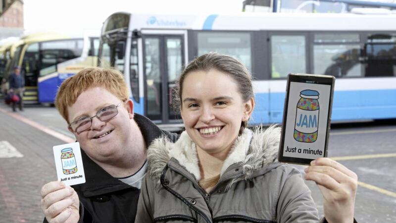 Francis Fitzsimons and Caoimhe McAvoy using the JAM Card, developed as a result of support from the Techies in Residence programme 