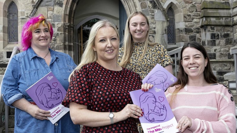 Pictured at a celebration event for the Maternal Advocacy and Support project, held at The Duncairn Centre, Belfast, are Mas project coordinator Clare Anderson, second left, with mums Wendynicole McGuinness-Keys, Jolene O&rsquo;Reilly and Christina Anderson. PICTURE: KEVIN COOPER PHOTOLINE 