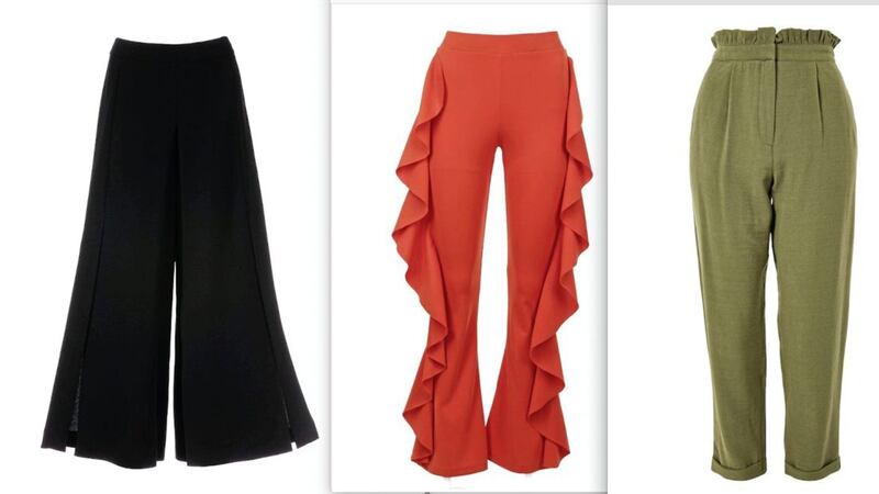 Left to right, Madeleine Culottes, madeleine.co.uk; Nasty Gal Play the Game Ruffle Pants, nastygal.com; Topshop Ruffle Waist Mensy Trousers, topshop.com 