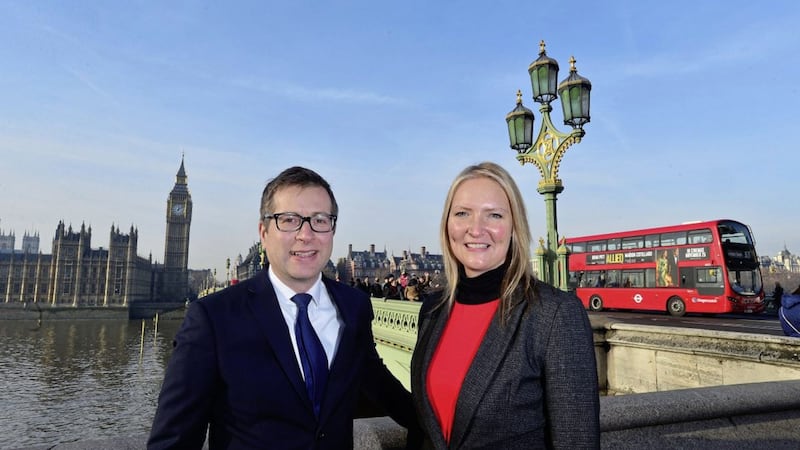 Ulster Business editor David Elliott and Aer Lingus business development manager Andrea Hunter launch the 2017 Viscount Awards on London&#39;s Westminster Bridge 