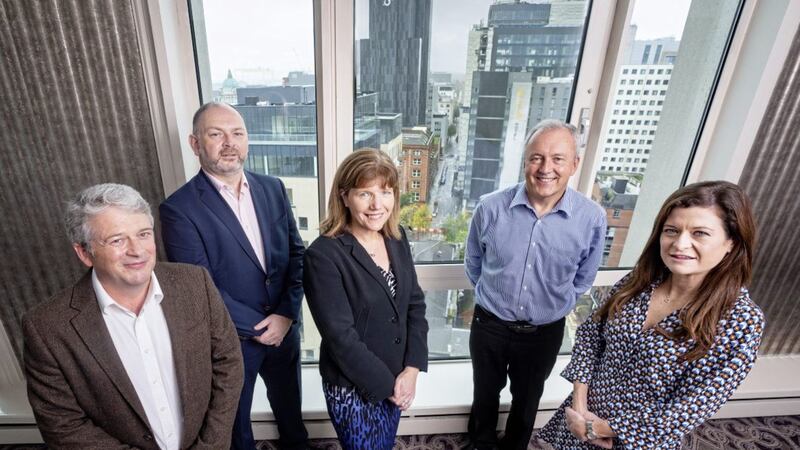 L-R: Kieran Dalton, Catalyst; Patrick Magee, British Business Bank; Clare Guinness, Innovation City Belfast; Alan Watts, Catalyst; and Isabelle O&rsquo;Keefe, Sure Valley Ventures, at Catalyst&rsquo;s Inbound Investors event in the Europa Hotel in Belfast. 